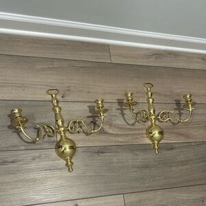 Vintage Antique Set of 2 Brass Double Arm Wall Mount Candle Sconces